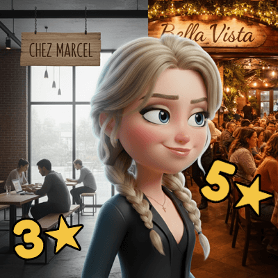 Comparaison entre un restaurant vide à 3 étoiles et un restaurant plein à 5 étoiles